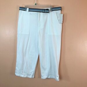 Charter Club Fiji 100% Cotton White Capri Pull On Pants With Belt Women L Flaw